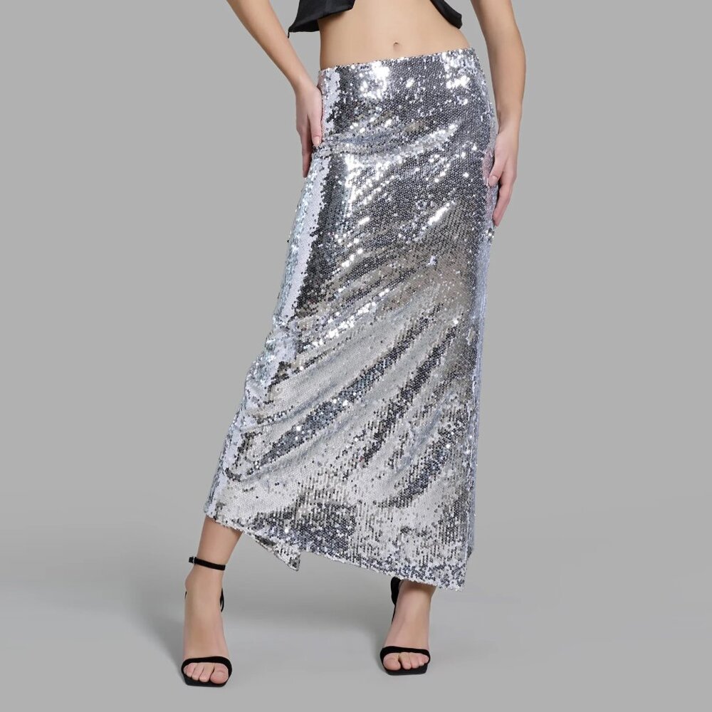 Zaffori New York Silver Sequin Diagonal Maxi Skirt